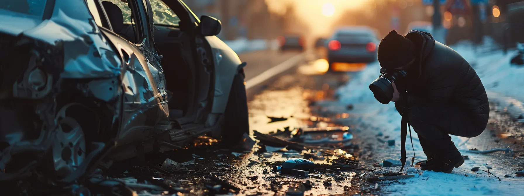 a person carefully collecting evidence and taking photographs at the scene of a car accident.