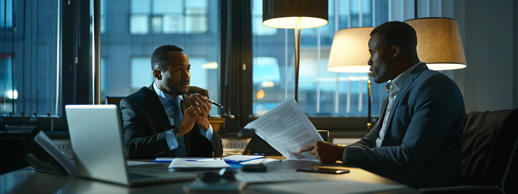 a focused traffic accident lawyer confidently guiding a client through legal paperwork in a modern office setting.