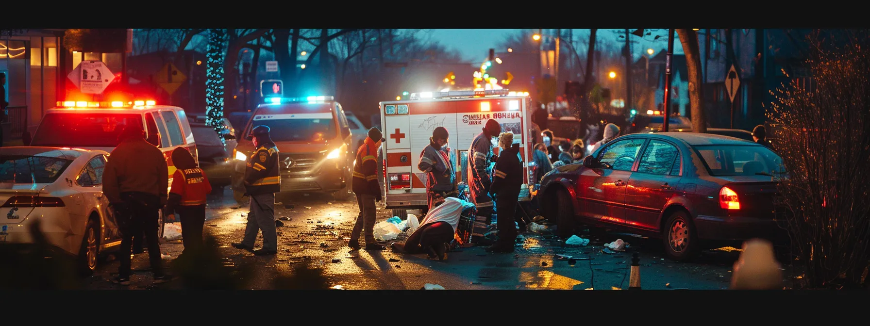 a person receiving urgent medical care at the site of a car accident, surrounded by emergency responders and onlookers.