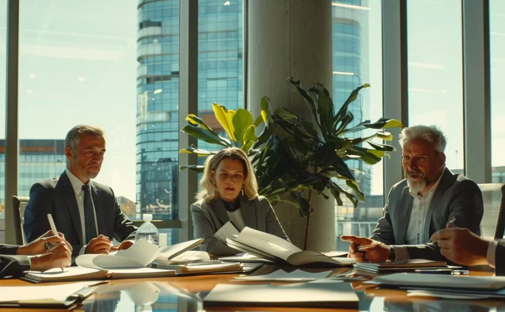 a group of focused accident lawyers reviewing case files in a modern office space.