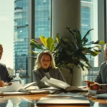 a group of focused accident lawyers reviewing case files in a modern office space.