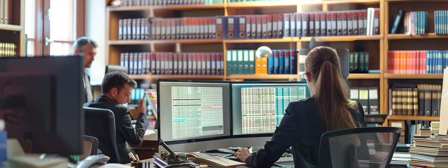 a group of determined lawyers in a modern office, surrounded by stacks of legal documents and computer screens displaying intricate case details, working tirelessly to provide personalized legal strategies for clients involved in big truck wreck cases.