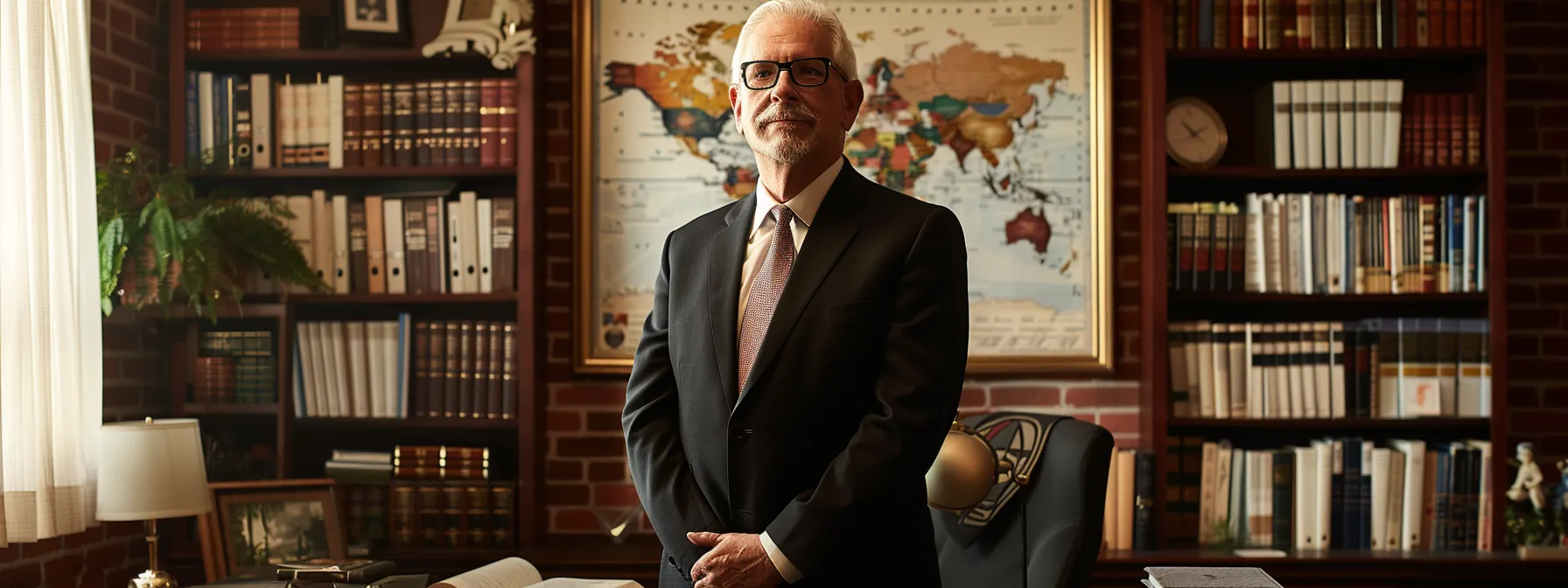 a focused attorney with a confident stance, surrounded by law books and a map of the united states, representing experience and legal expertise.