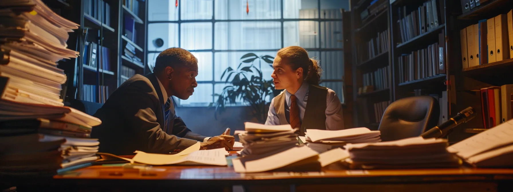 a person consulting with a focused attorney, surrounded by stacks of papers and legal documents, illustrating the pursuit of justice and compensation for their losses after a truck accident.