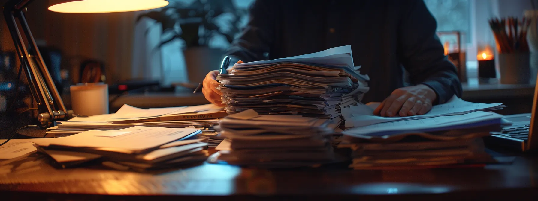 a person carefully organizing a stack of evidence and documentation on a desk, preparing for a car accident settlement.