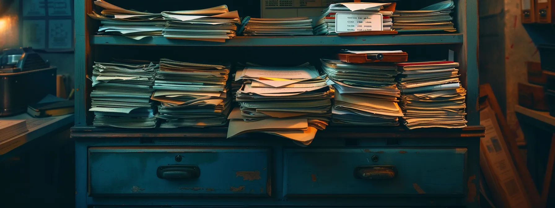 a filing cabinet overflowing with neatly labeled compliance documents, showcasing meticulous organization and attention to detail in trucking industry.