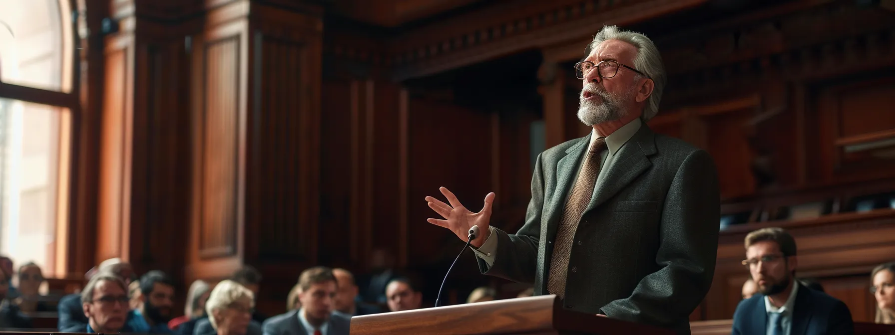 a determined personal injury attorney passionately arguing a case in a courtroom, fighting for justice and fair compensation for their client.