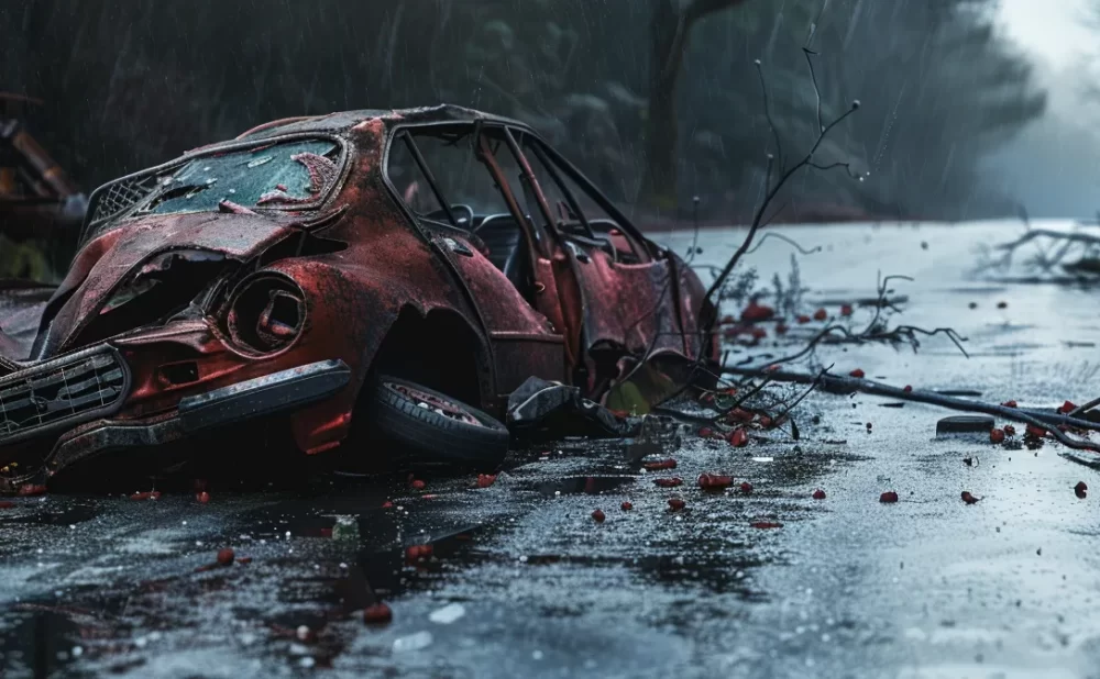 a twisted metal wreckage of two cars smashed together on a rainy, slick road.