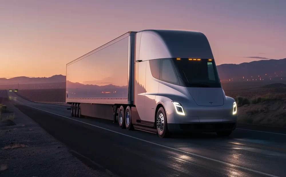 a massive, sleek silver truck barreling down a long, empty highway.