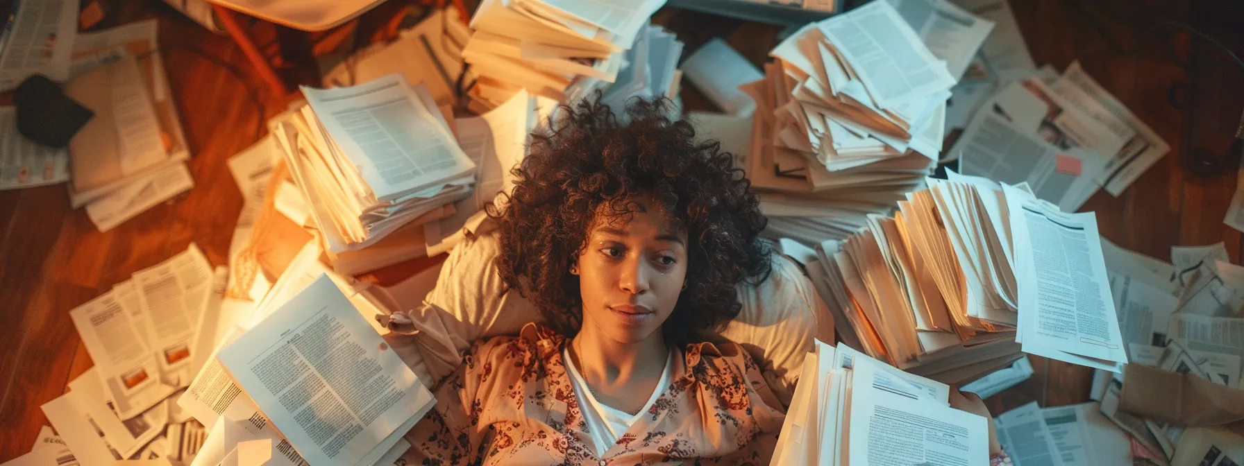 a frustrated individual surrounded by a stack of paperwork and tangled legal documents, symbolizing the complicated and prolonged settlement timeline after a car accident in california.