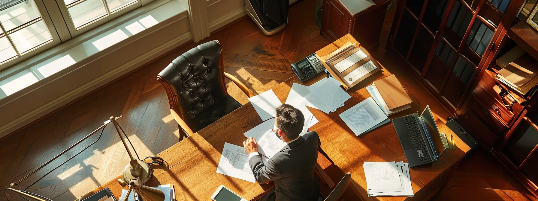 a person in a law office, surrounded by paperwork and legal documents, discussing a personal injury claim with their attorney.