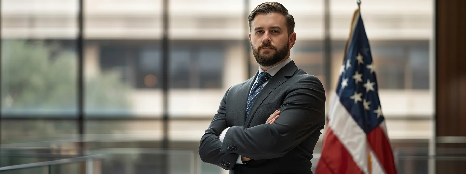 a confident lawyer in a sharp suit standing in front of a texas flag, symbolizing expertise in handling legal matters related to accidents in the state.