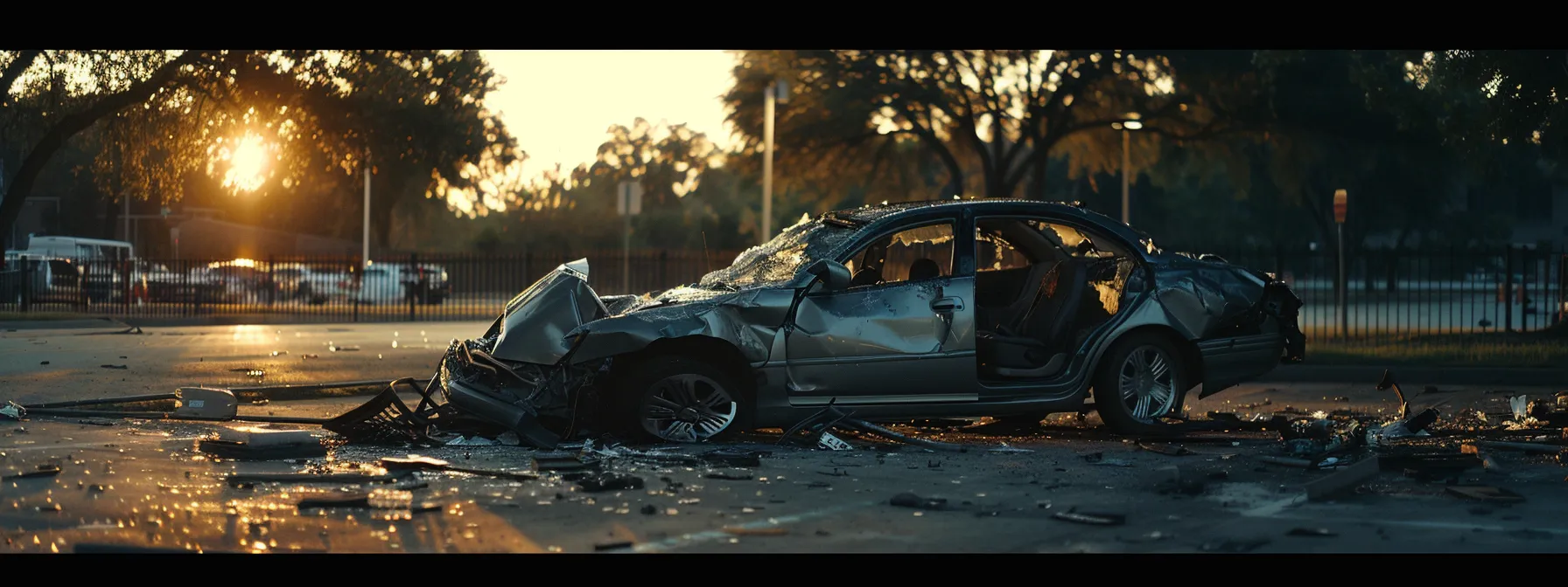 a crashed car being inspected by insurance adjusters in a texas parking lot.