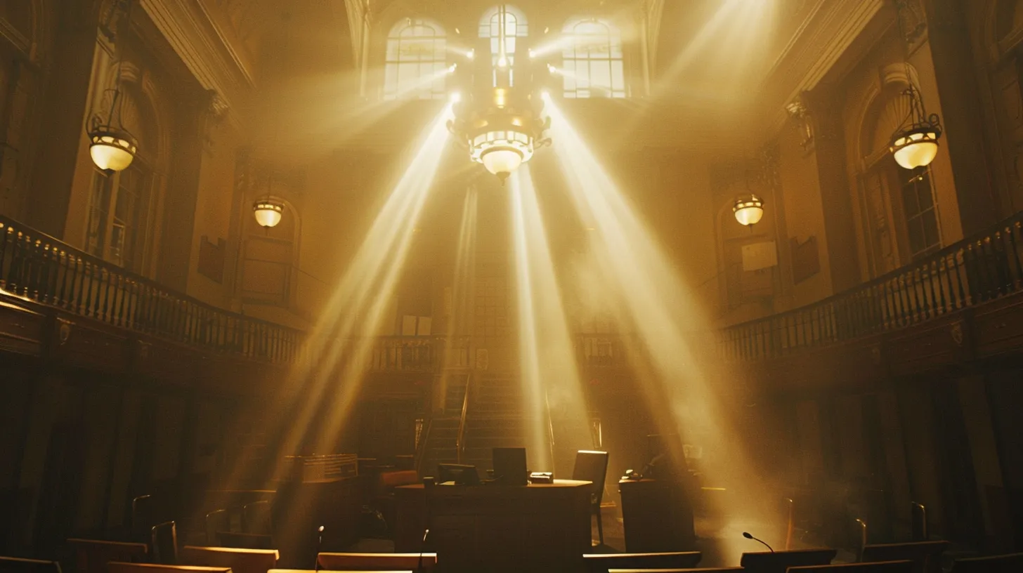 a dramatic courtroom scene where a determined san antonio car crash lawyer passionately presents a case, illuminated by focused overhead lights, capturing the tension and gravity of personal injury law.