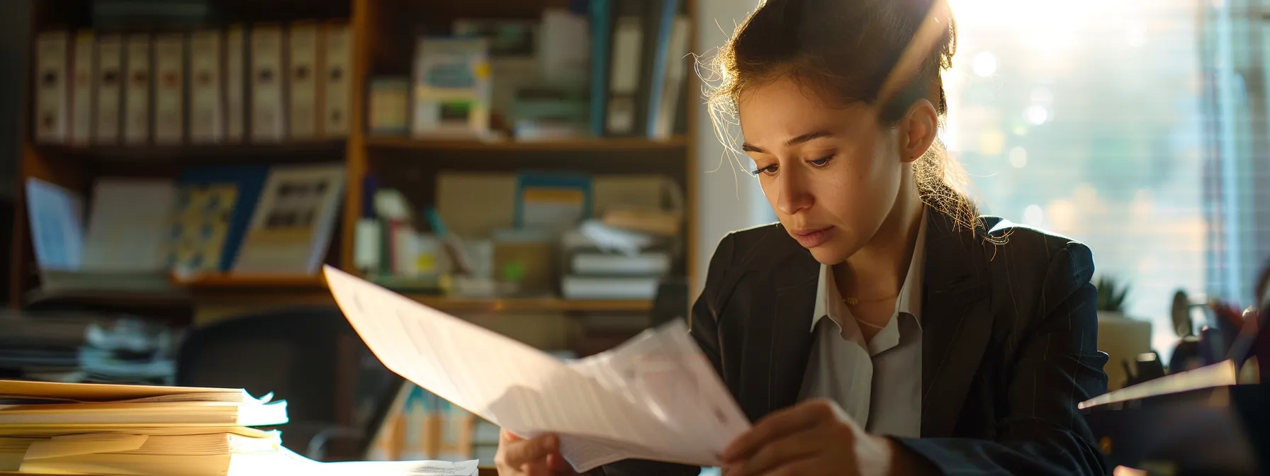 a focused texas slip and fall lawyer reviewing and organizing important evidence in a cluttered office, determined to maximize compensation for a client's medical expenses.