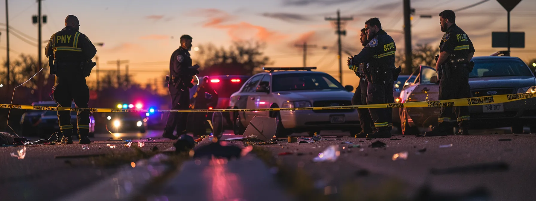 a group of investigators analyzing skid marks and collision debris at a car accident scene in texas, with police officers taking notes and witnesses pointing out key details.