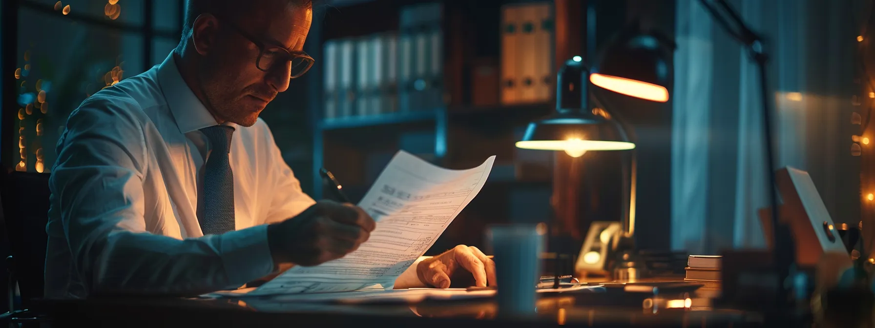 a legal professional carefully examining a detailed chart of proportionate responsibility in a dimly lit office.