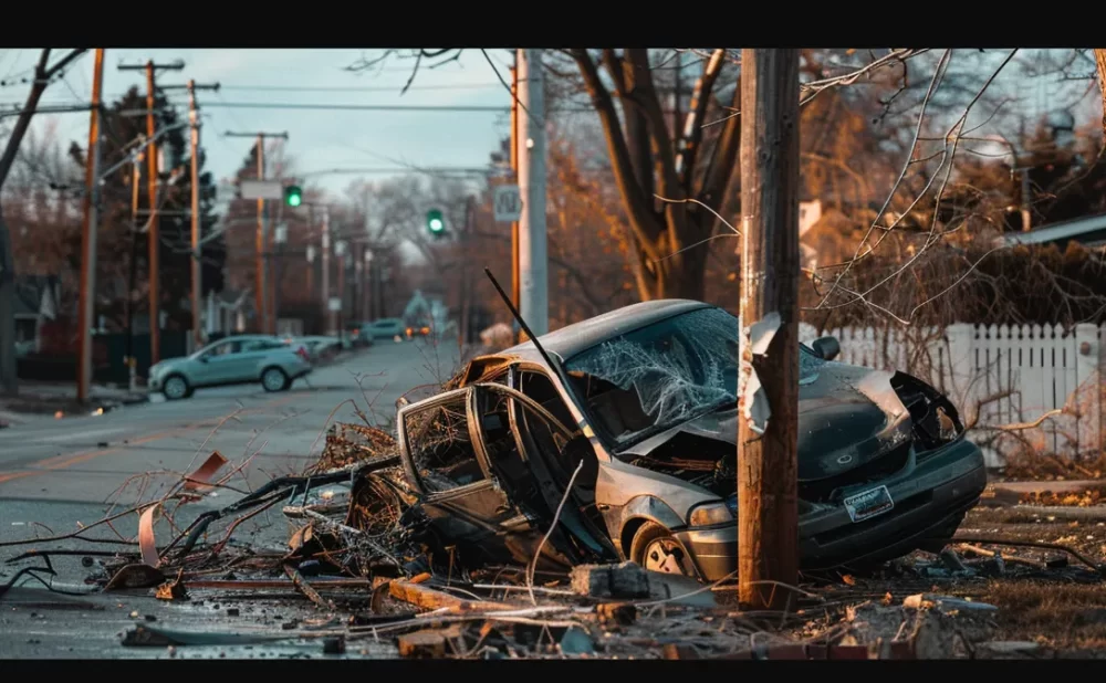 a mangled car wrapped around a telephone pole in a suburban neighborhood.