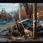 a mangled car wrapped around a telephone pole in a suburban neighborhood.