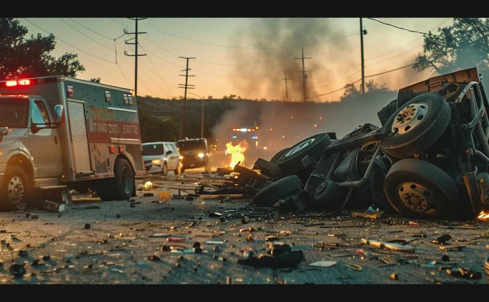 a massive truck overturned on a dusty texas road, surrounded by debris and emergency vehicles.