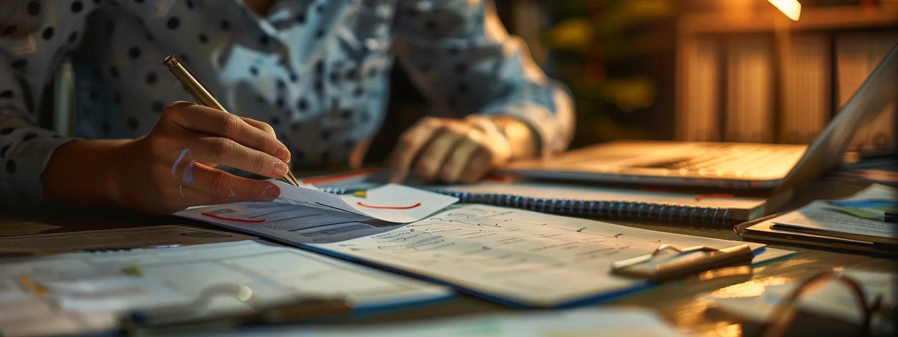 a person diligently filling out legal documents at a desk, surrounded by folders and papers, with a calendar showing the deadline date circled in red.