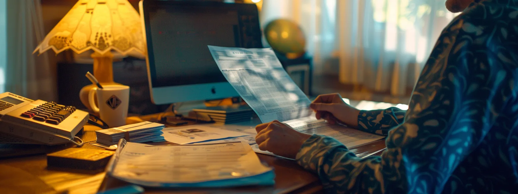 a person in a stressful negotiation with an insurance adjuster, surrounded by paperwork and a computer displaying insurance policy details.