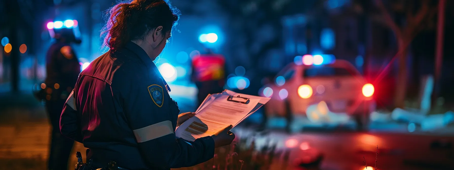 a person involved in a car accident in texas, talking to law enforcement officers while holding relevant paperwork at the accident scene.