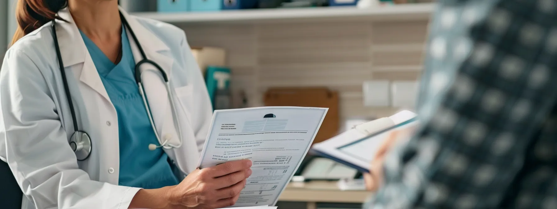 a person sitting in a doctor's office, holding medical documents and talking to a healthcare professional.