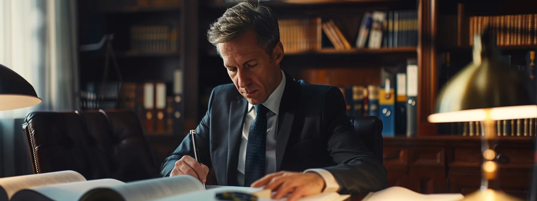 a serious-looking lawyer in a sleek office, surrounded by legal books and documents, studying texas car accident laws with a focused and determined expression.