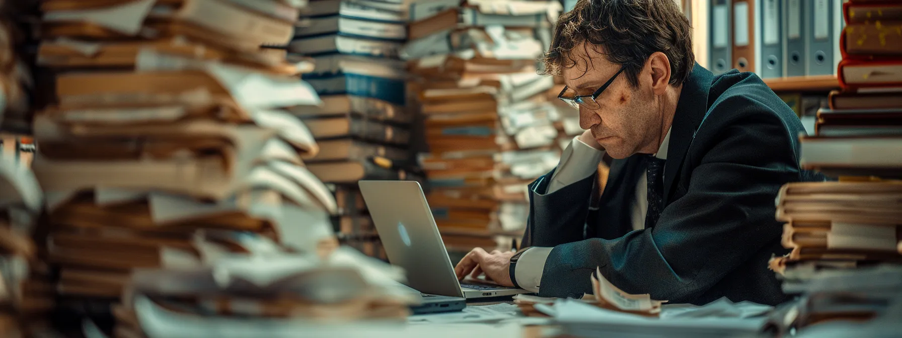 a thoughtful lawyer reviewing medical records and insurance policies in a cluttered office, surrounded by stacks of legal documents and a laptop displaying car accident statistics.