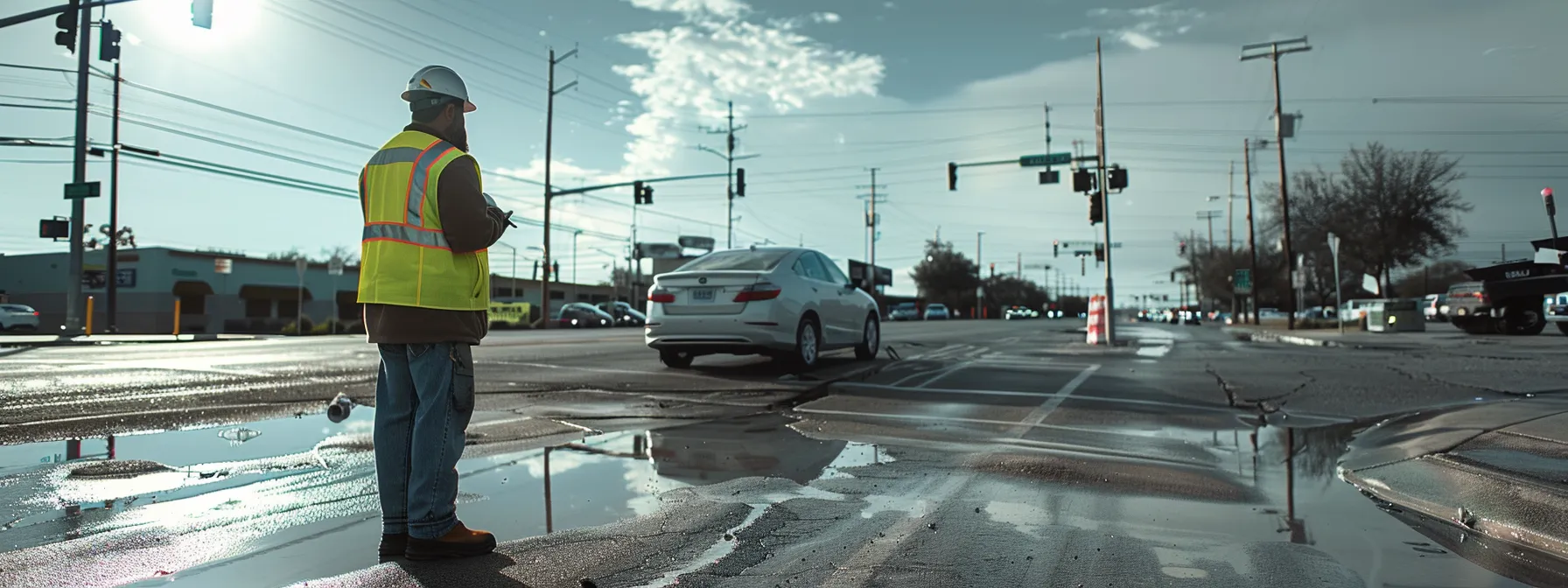 an accident reconstruction specialist carefully examining skid marks and debris at a houston intersection to determine fault in a car accident.