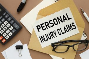 Personal injury claims calculator glasses top view. text on paper on an envelope