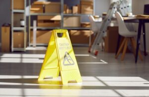 Yellow “Caution Wet Floor” sign on a warehouse floor with boxes and a ladder in the background.