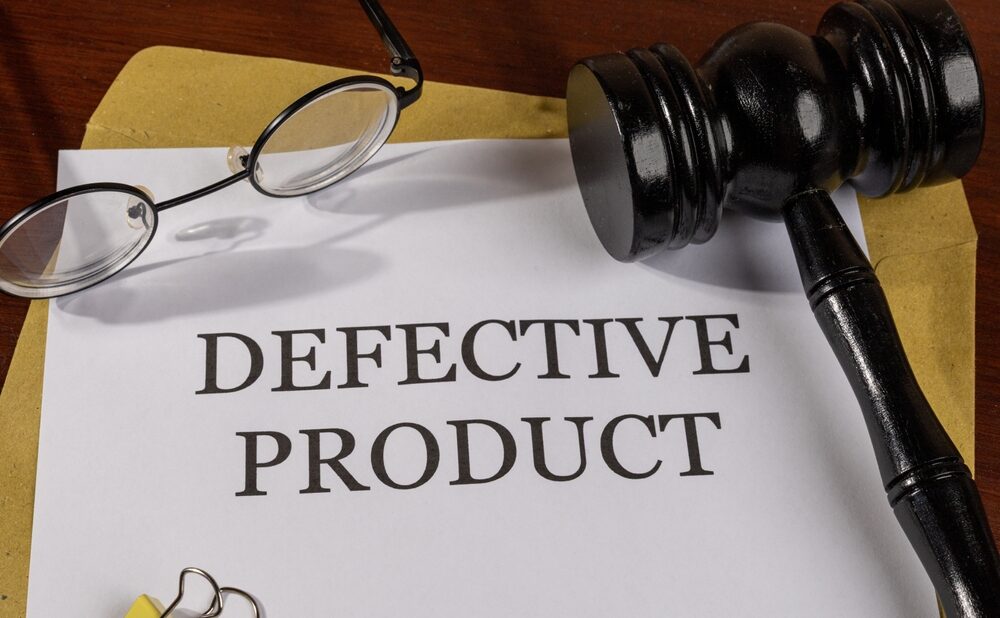 Legal document labeled “Defective Product” with a gavel and glasses on a wooden desk.
