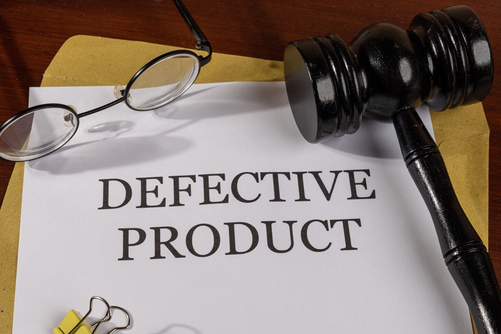 Legal document labeled “Defective Product” with a gavel and glasses on a wooden desk.