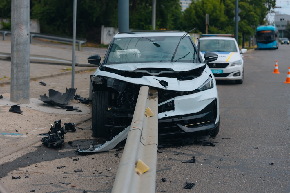 SUV crashed into a guardrail with severe front-end damage after a serious accident in Corpus Christi